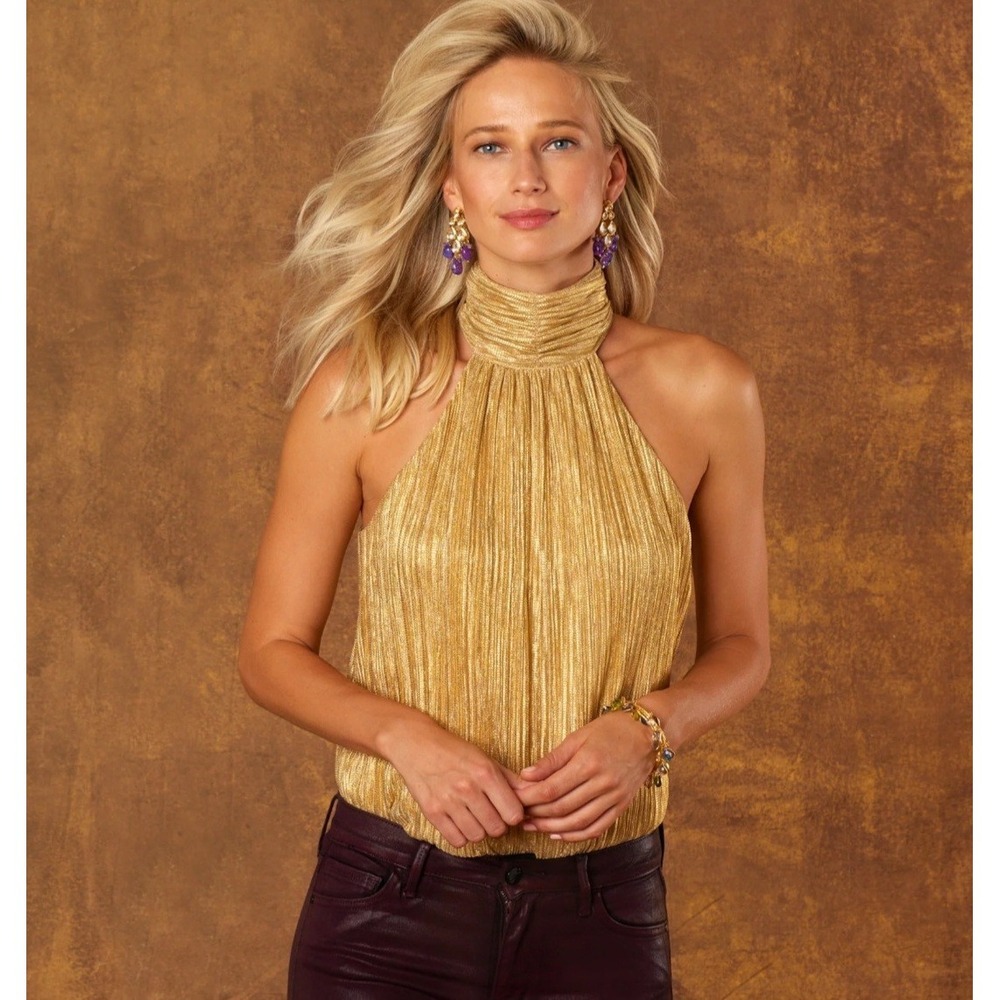 NicoBlu Seraphina Halter Top Size M Gold Cascade Layered Sleeveless Shimmer Sexy